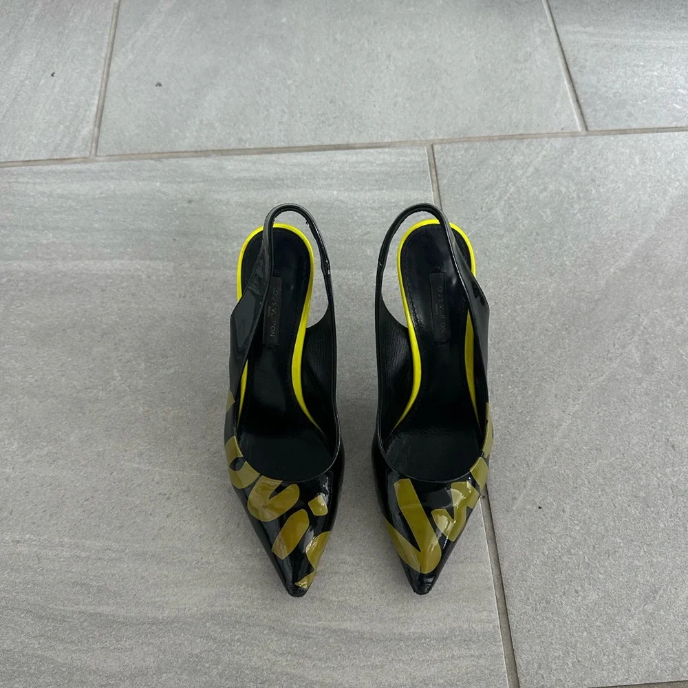 Vintage Louis Vuitton Graffiti Black & Yellow Pointed Slingback High Heels - Picture 2 of 6